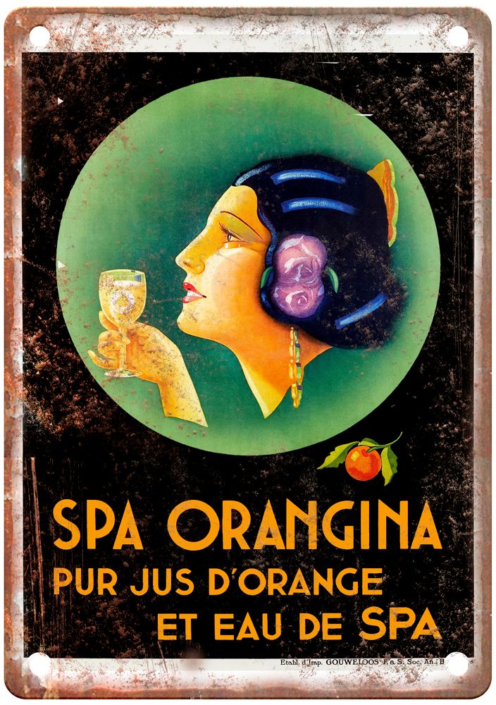 Spa Orangina, Pur Jus d'Orange et Eau de Spa Liquor Poster Retro Look Sign