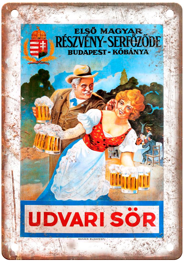 Udvari Sör, Elsö Magyar, Budapest, 1930s Liquor Poster Retro Look Sign