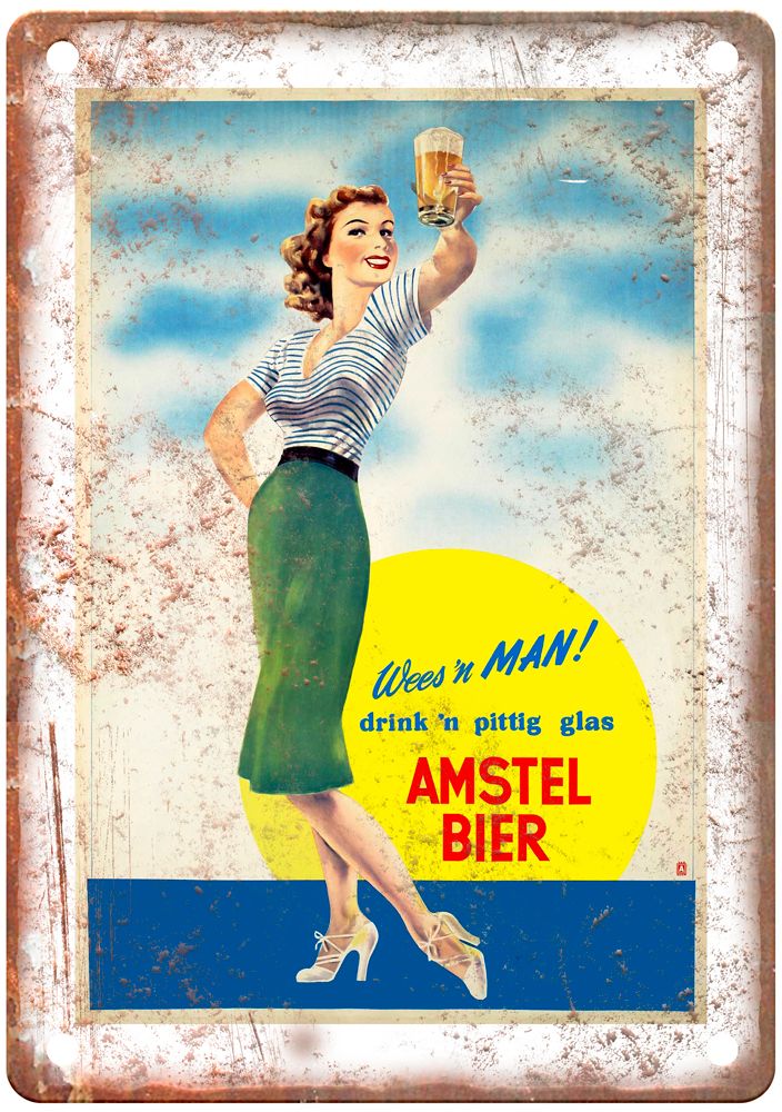 Wees 'n Man Drink 'n pittig glas Amstel Bier Liquor Poster Retro Look Sign