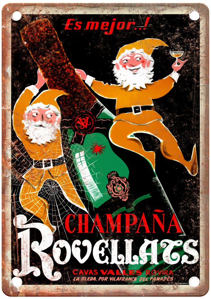 Champaña Rovellats, ¡Es mejor!, c 1950 Liquor Poster Retro Look Sign