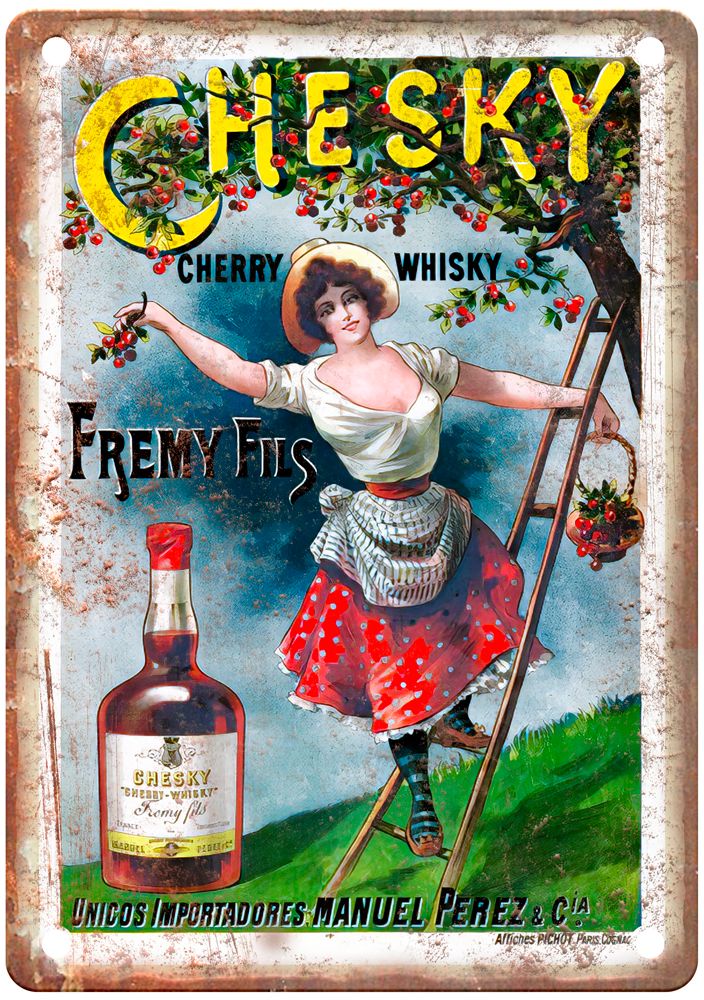 Chesky Cherry Whiskey, Fremy Fils, c 1900s Liquor Poster Retro Look Sign