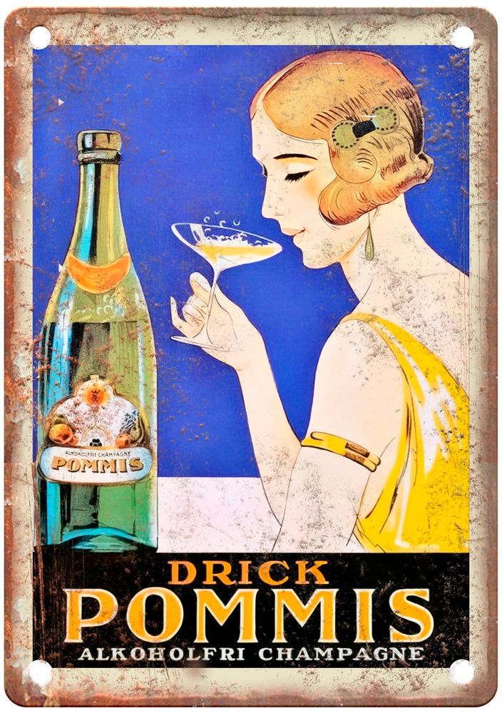 Drick Pommis, Alkoholfri Champagne, c 1920s Liquor Poster Retro Look Sign