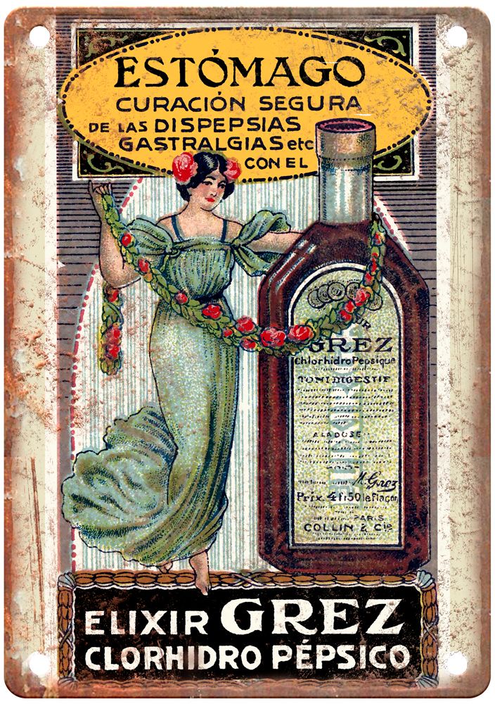 Elixir Grez, Clorhidro Pépsico, c 1890s Liquor Poster Retro Look Sign