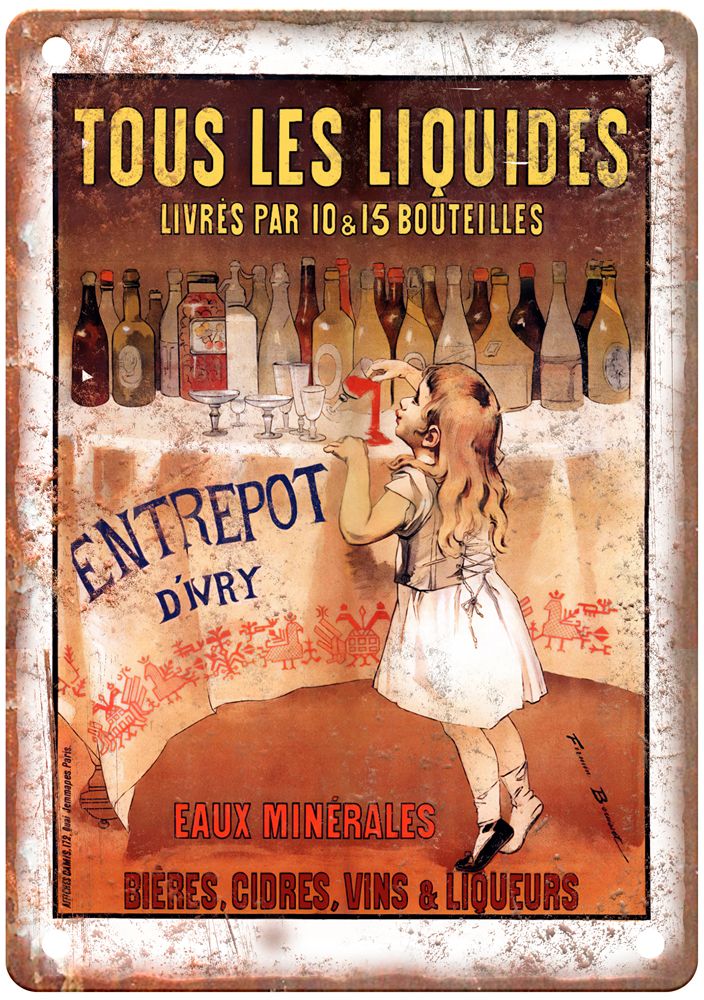 Étienne Tous les Liquides livrés par 10 & Vintage Liquor Poster Sign