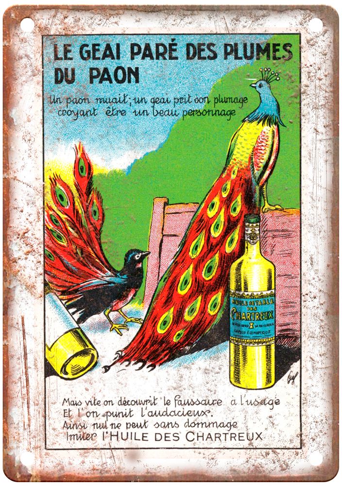 Le Geai Paré des Plumes du Paon Jay Adorned Liquor Poster Retro Look Sign