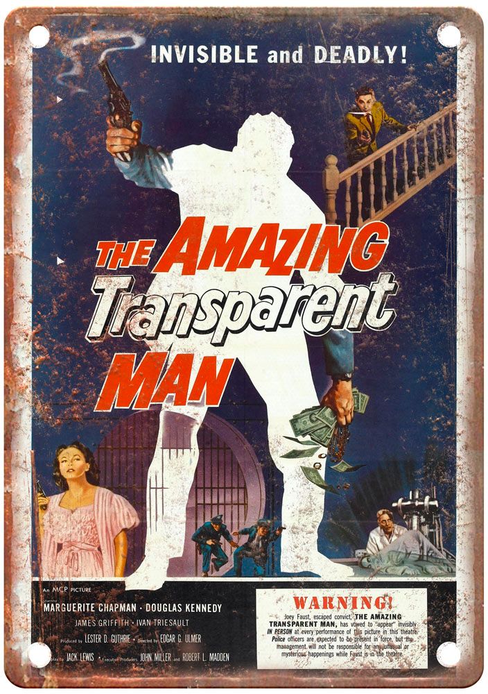 Amazing Transparent Man Vintage Movie Poster Old Retro Look Metal Sign