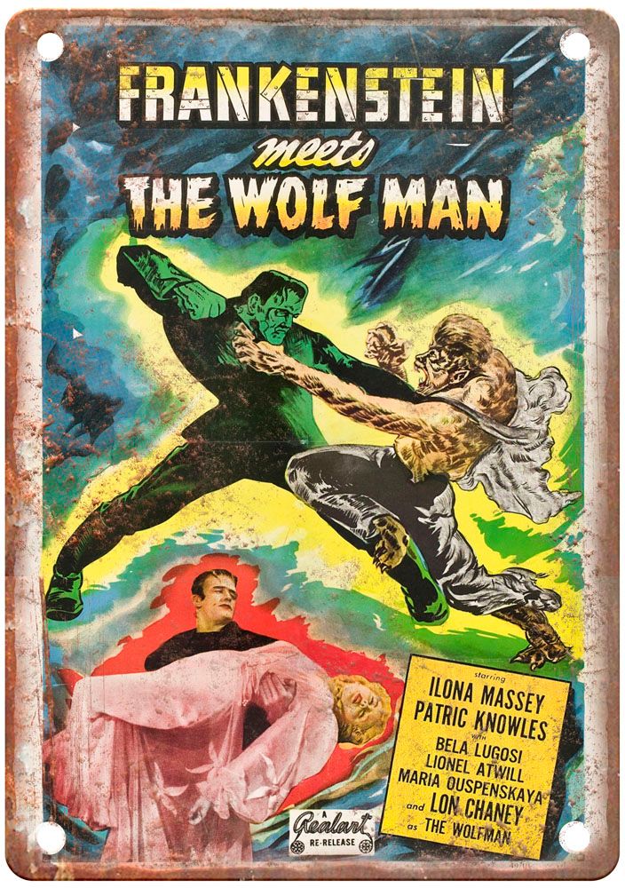 Frankenstein Meets Wolf Man Vintage Movie Poster Old Retro Look Metal Sign