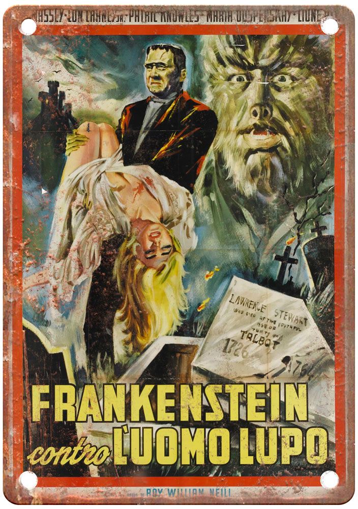 Frankenstein Meets Wolf Man Vintage Movie Poster Old Retro Look Metal Sign