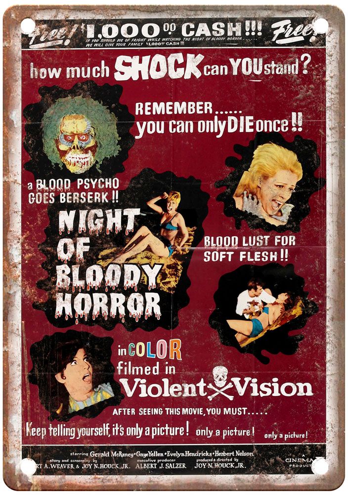 Night Of Bloody Horror Vintage Movie Poster Old Retro Look Metal Sign