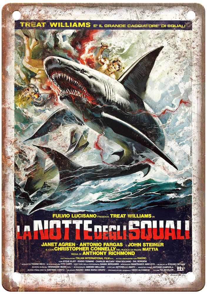 Night Of Sharks Vintage Movie Poster Old Retro Look Metal Sign