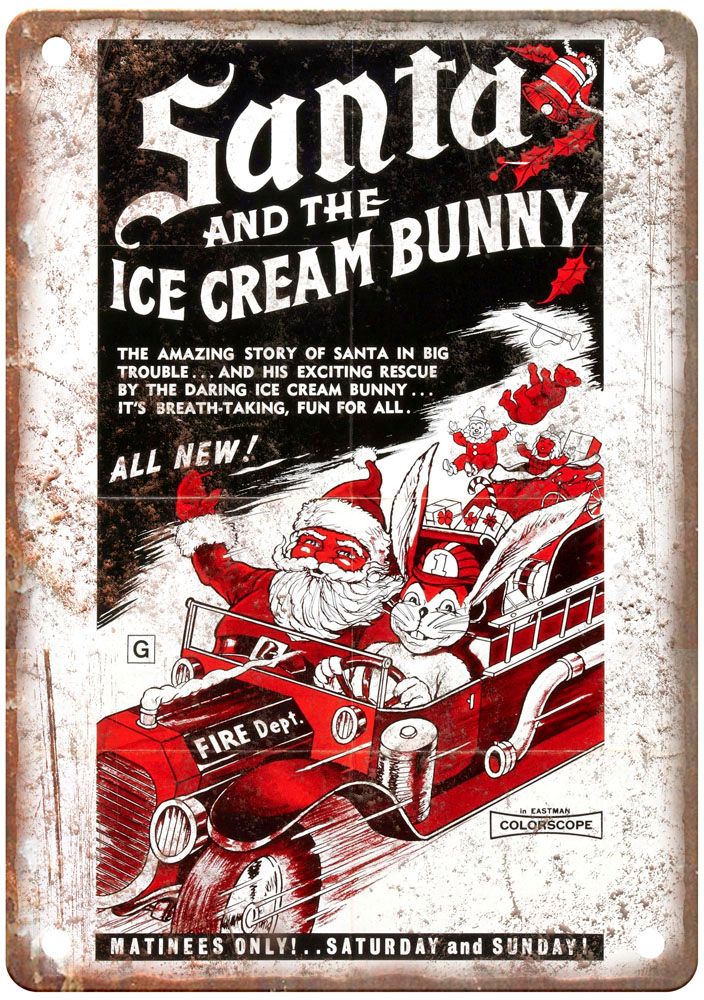 Santa And Ice Cream Bunny Vintage Movie Poster Old Retro Look Metal Sign