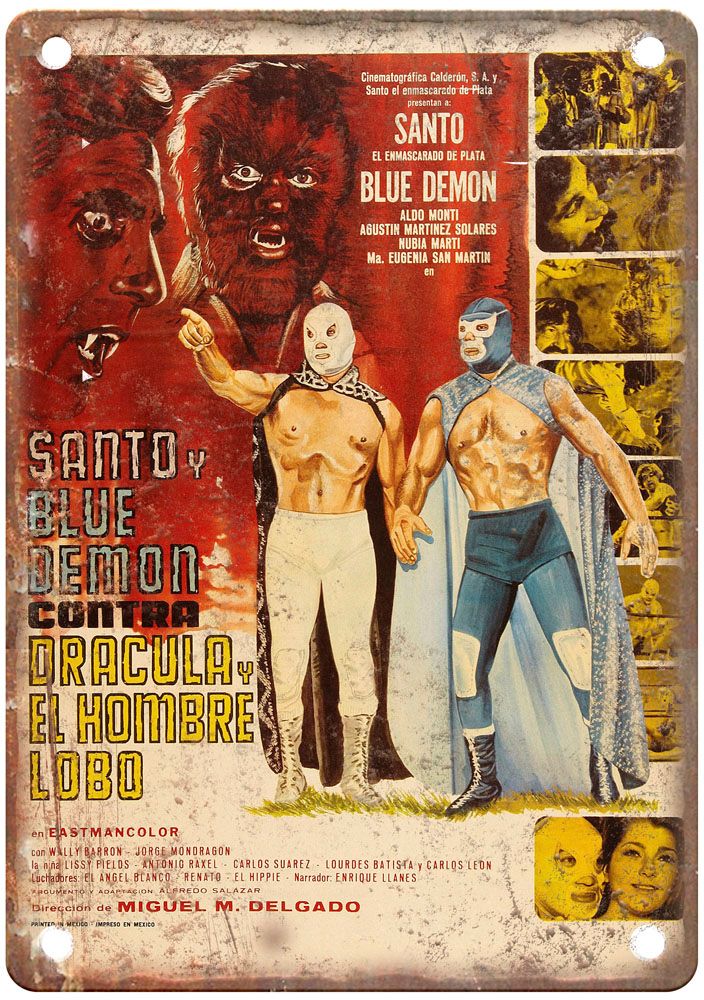 Santo And Blue Demon Vs Dracula And Wolfman Vintage Movie Poster Old Retro Look Metal Sign