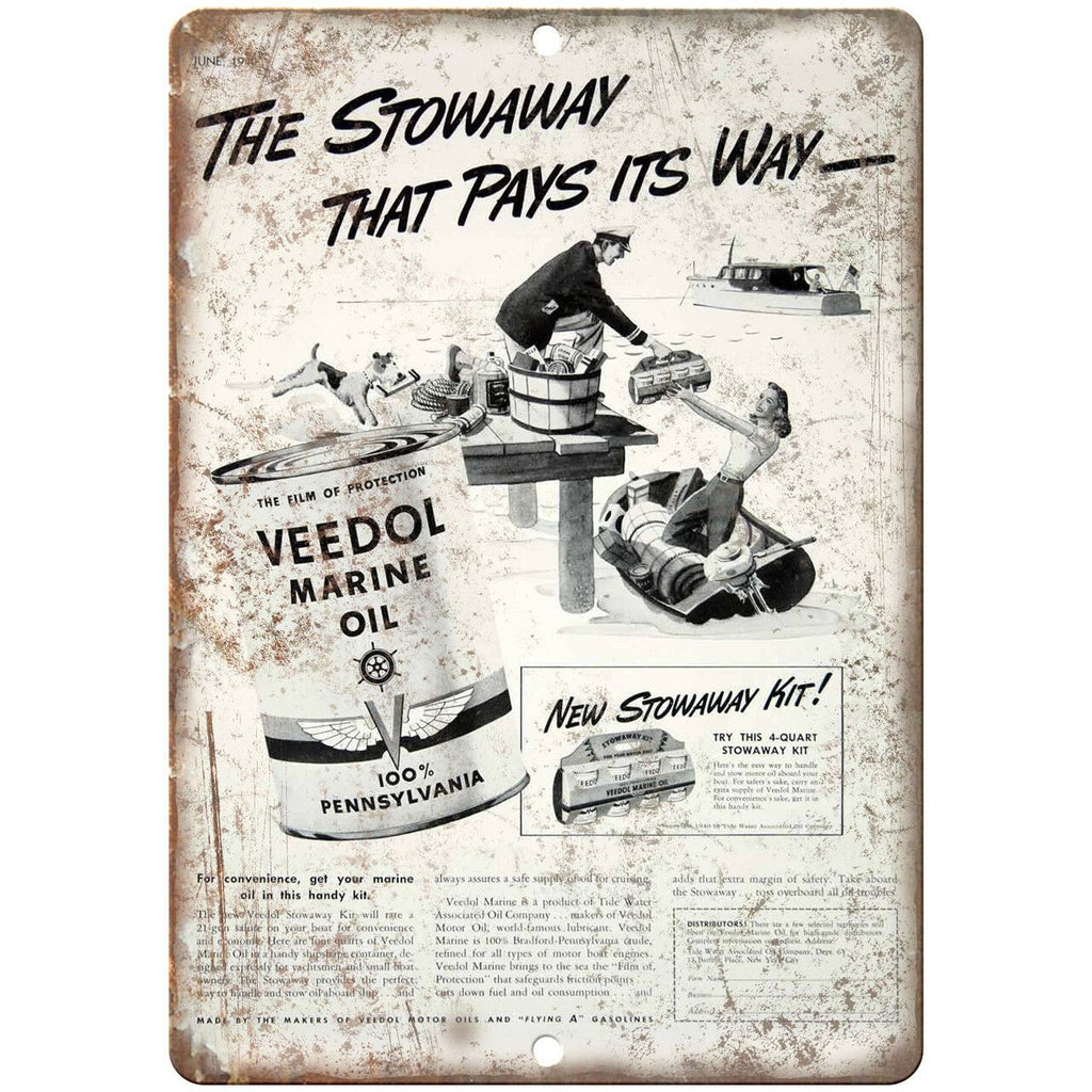 Veedor Marine Oil Stowaway Kit Gasoline Ad 10" X 7" Reproduction Metal Sign A880