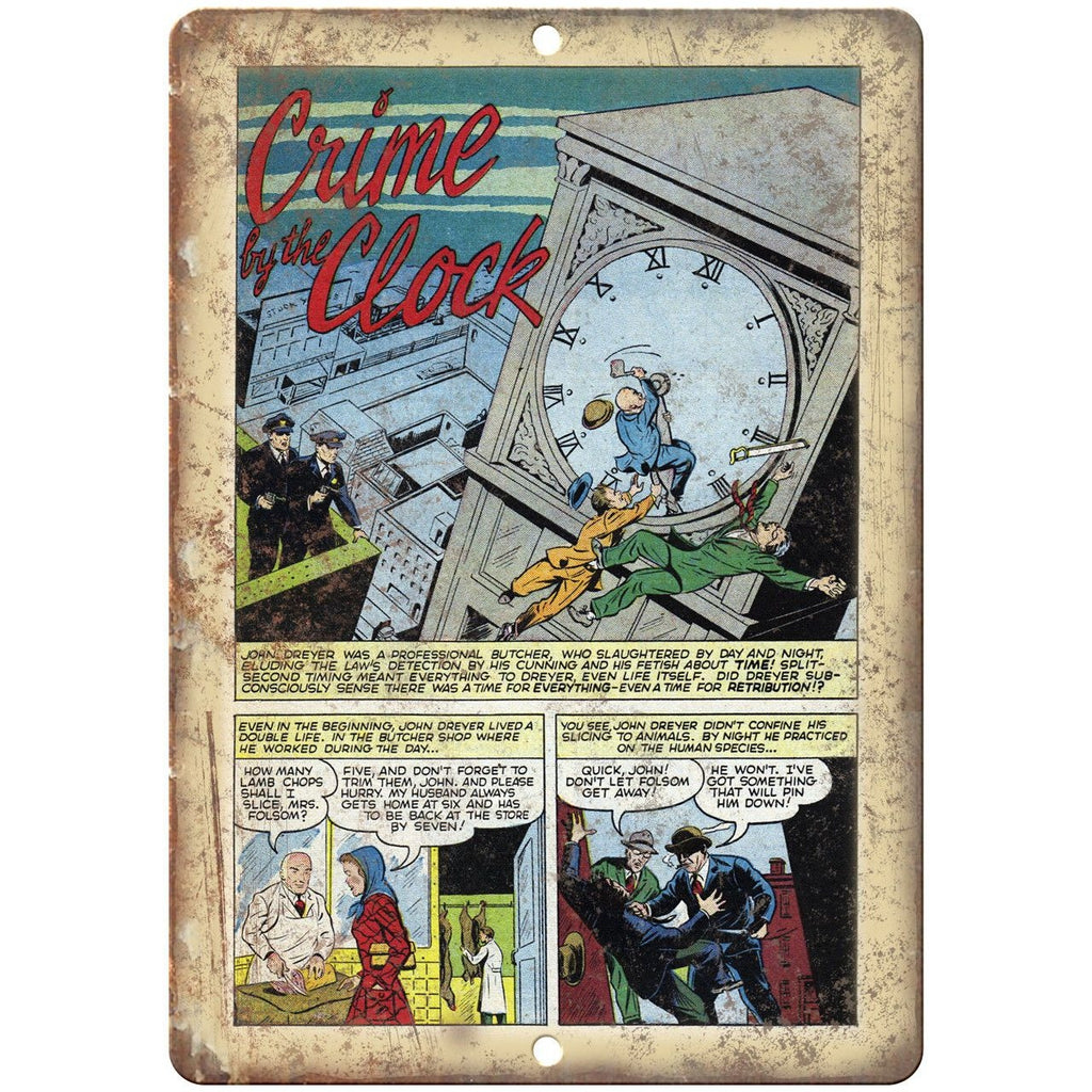Crime By The Clock Vintage Comic Strip 10" X 7" Reproduction Metal Sign J312