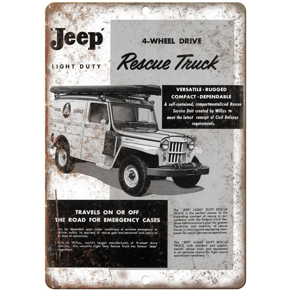 Jeep Rescue Truck 4 Wheel Drive Emergency Truck 10" x 7" Retro Look Metal Sign