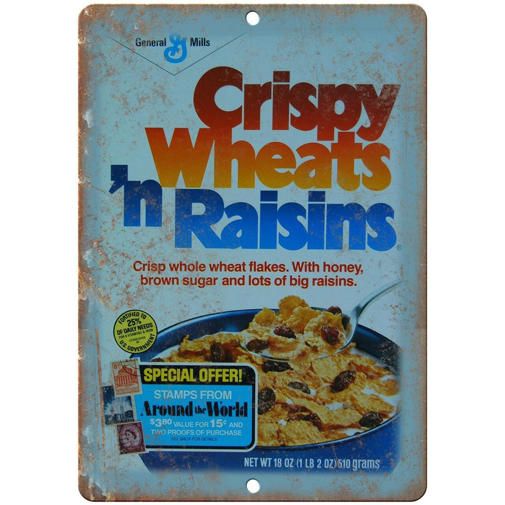 Crispy Wheats N Raisins Cereal Box Art 10" X 7" Reproduction Metal Sign N379