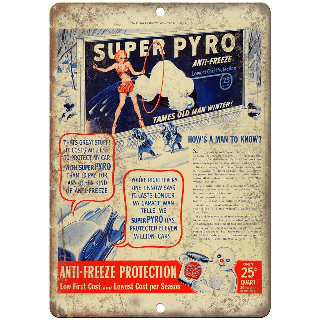 Super Pyro Anti Freeze Vintage Ad 10" X 7" Reproduction Metal Sign A771