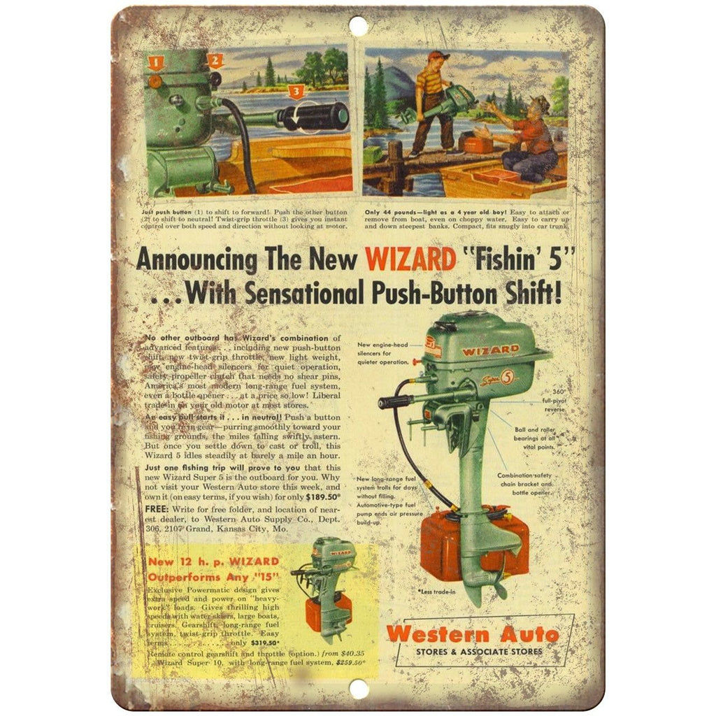 Western Auto Wizard Push Button Outboard Motors 10" x 7" Reproduction Metal Sign