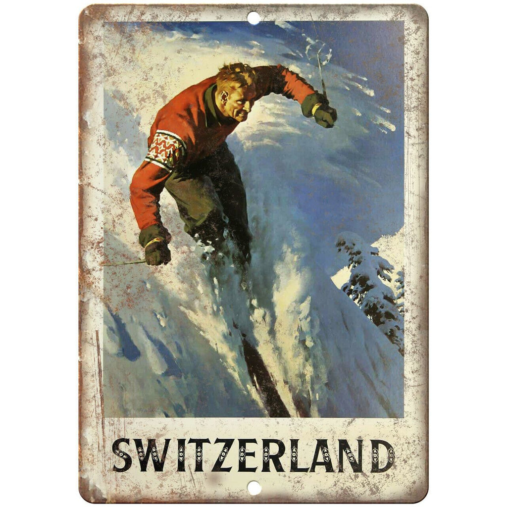 Switzerland Ski Travel Poster Art 10" x 7" Reproduction Metal Sign T86