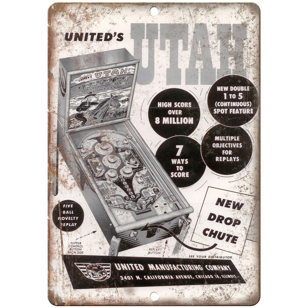 United's Pinball Machine Utah Ad 10" x 7" Reproduction Metal Sign G138