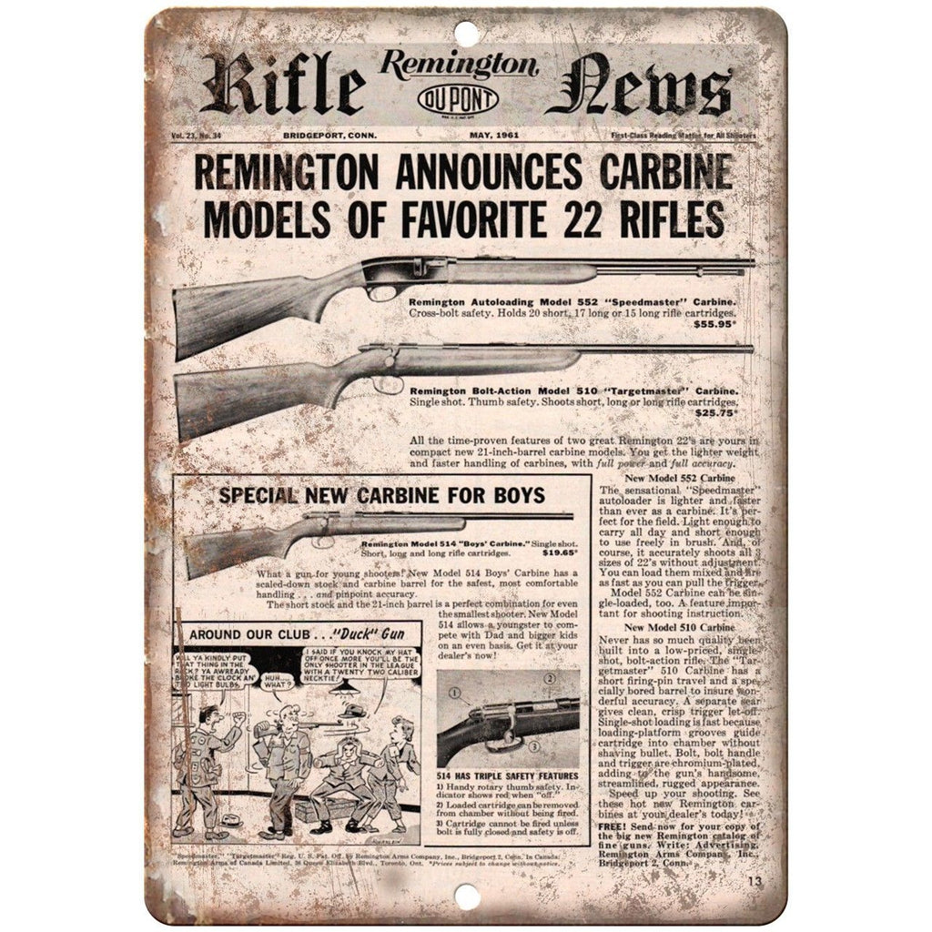 Remington Rifle News Carbine Model 22 Caliber 10" x 7" Reproduction Metal Sign