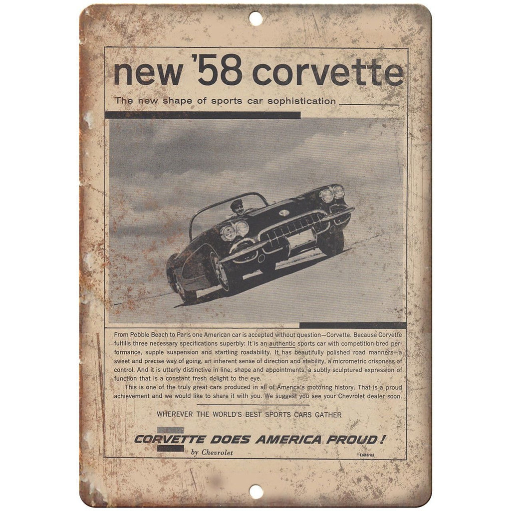 1958 Chevrolet Corvette Vintage Print Ad 10" x 7" Reproduction Metal Sign