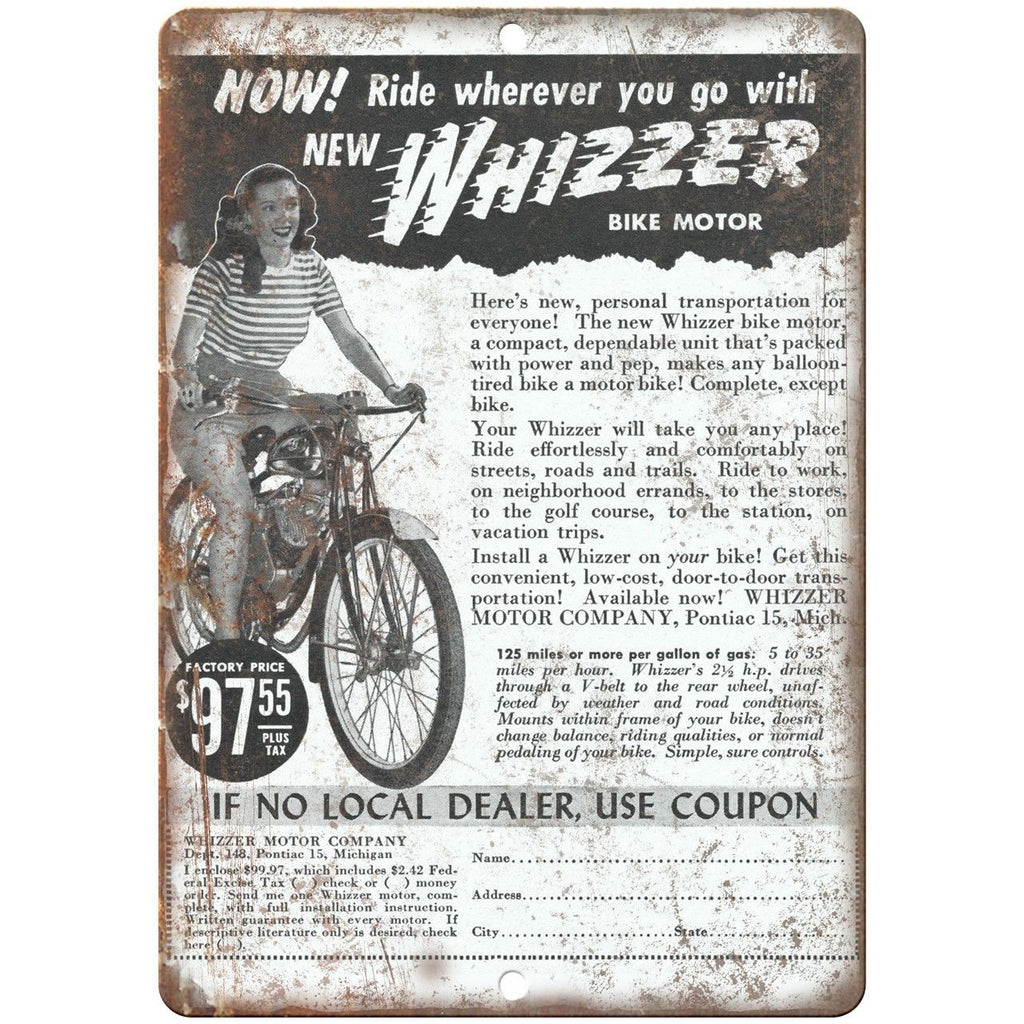 Whizzer Motor Bike Vintage Ad 10" x 7" Reproduction Metal Sign B198