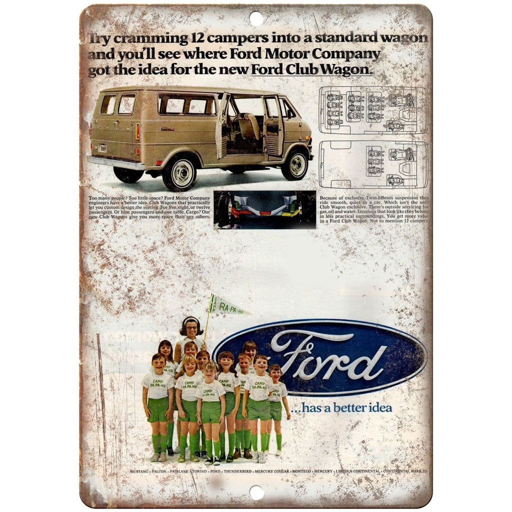 1970's Ford Club Wagon Retro Ad 10" x 7" Reproduction Metal Sign