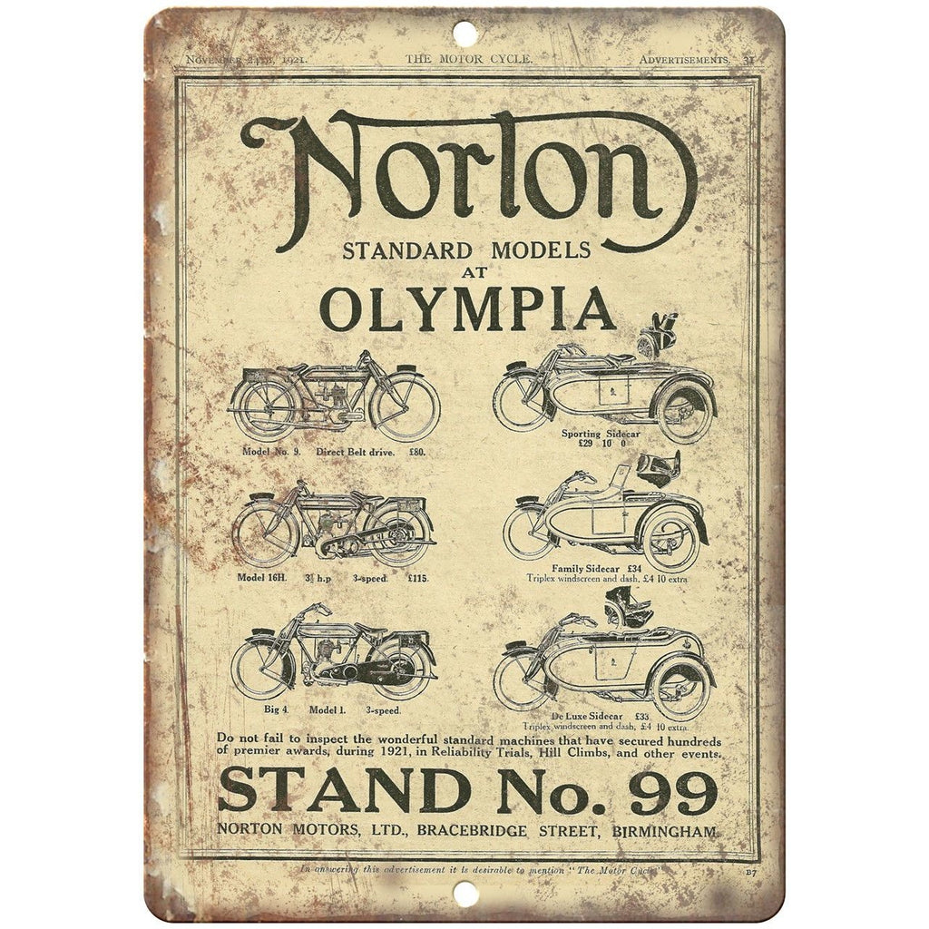 Norton Motorcycle Olympia Standard No. 99 10" x 7" Reproduction Metal Sign F49