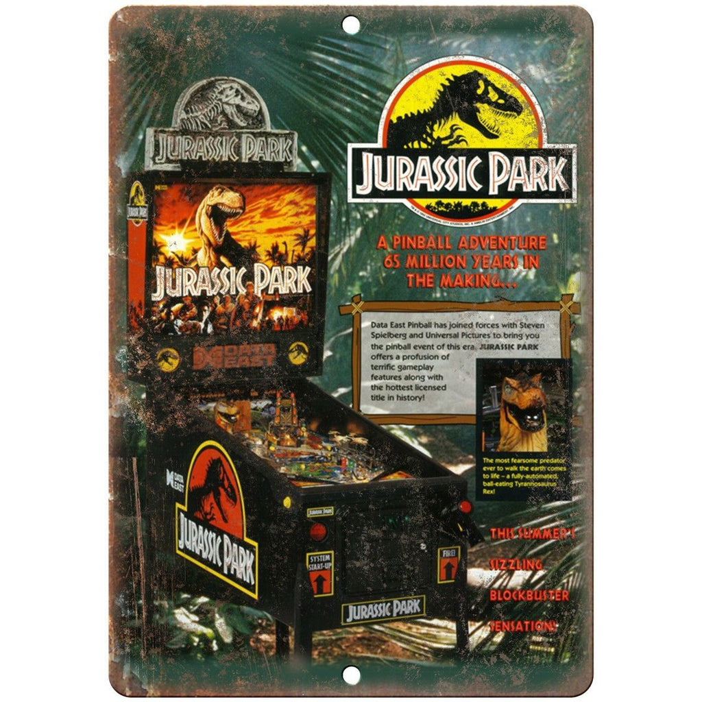 Jurassic Park Vintage Pinball Machine Ad 10" x 7" Reproduction Metal Sign G223