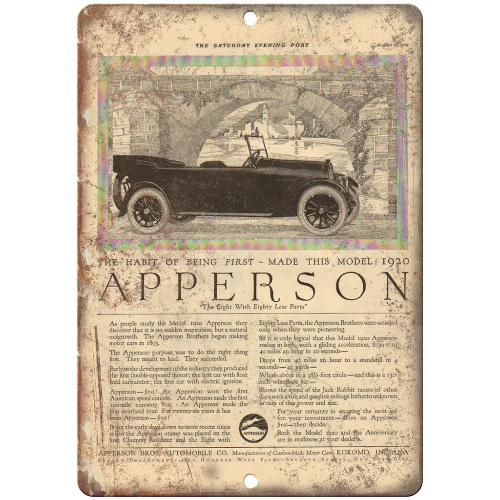 1920 - Apperson Bros. Automobile Company Vintage Ad 10" x 7" Retro Metal Sign