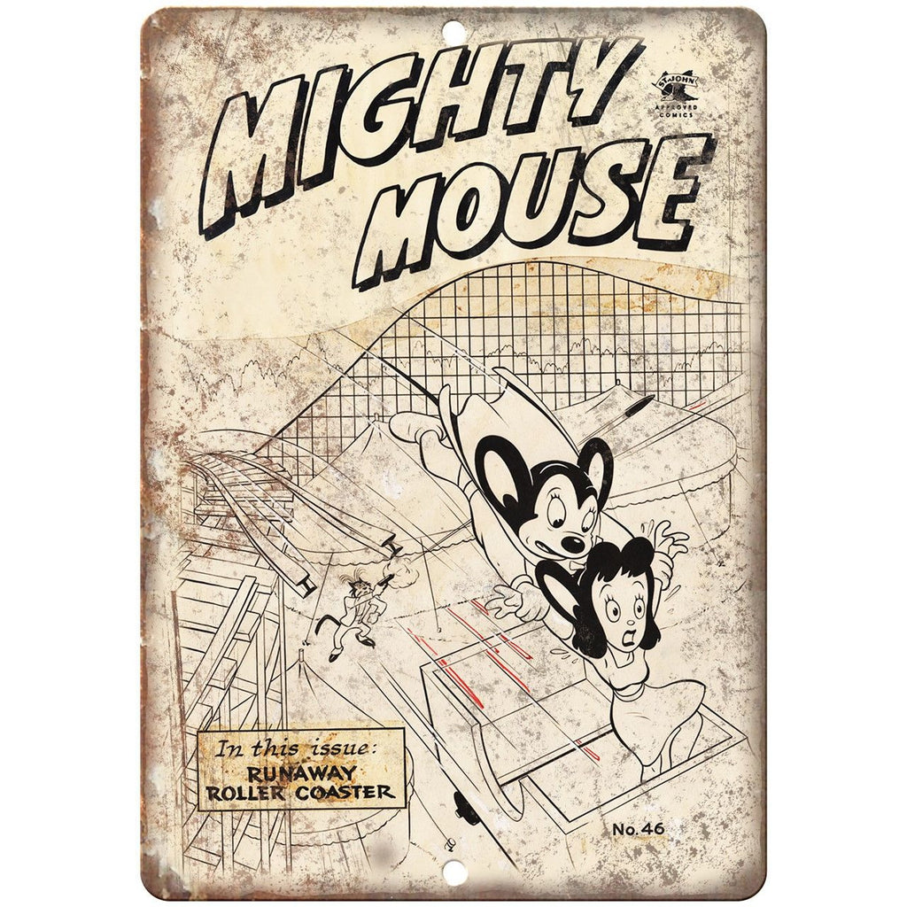 Mighty Mouse Roller Coaster Comic Art 10" X 7" Reproduction Metal Sign J245