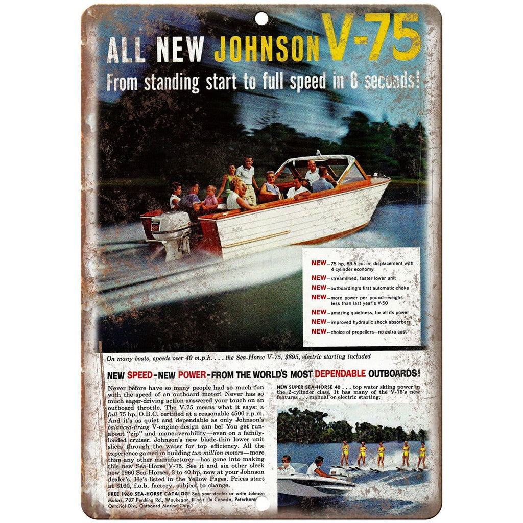 Johnson V-75 Vintage Boat Ad 10" x 7" Reproduction Metal Sign L11