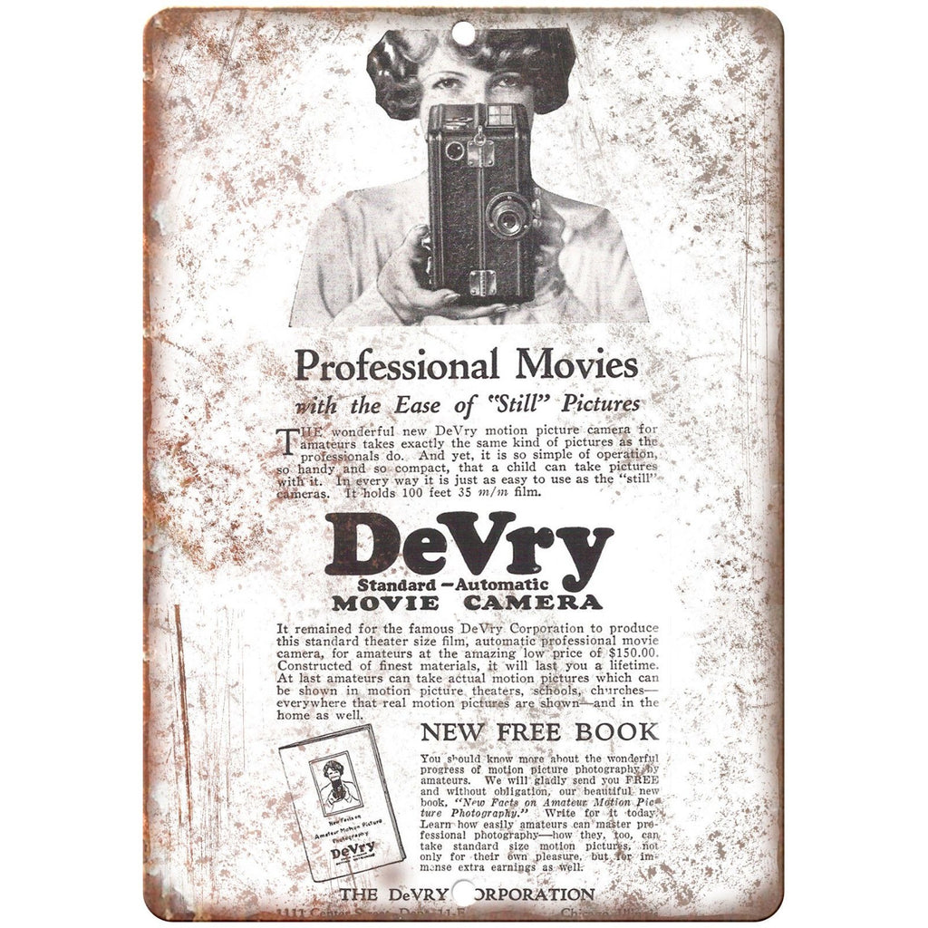 1926 - DeVry Movie Camera Film - 10" x 7" Retro Look Metal Sign