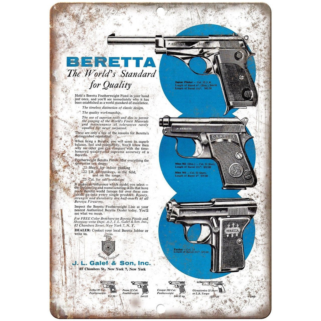 Beretta Firearms Galef & Sons Vintage Ad 10" x 7" Reproduction Metal Sign