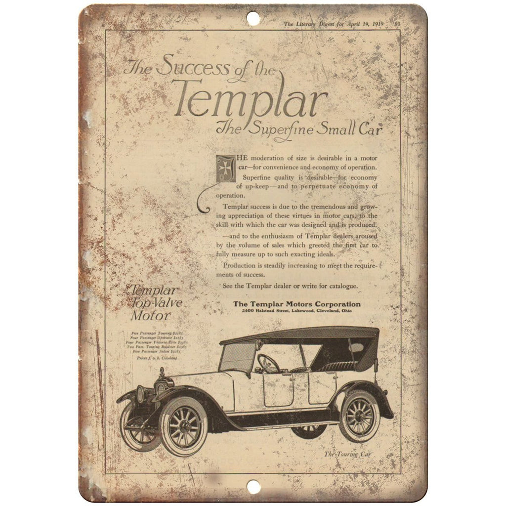 1919 - Templar Motor Company Vintage Ad 10" x 7" Retro Metal Sign