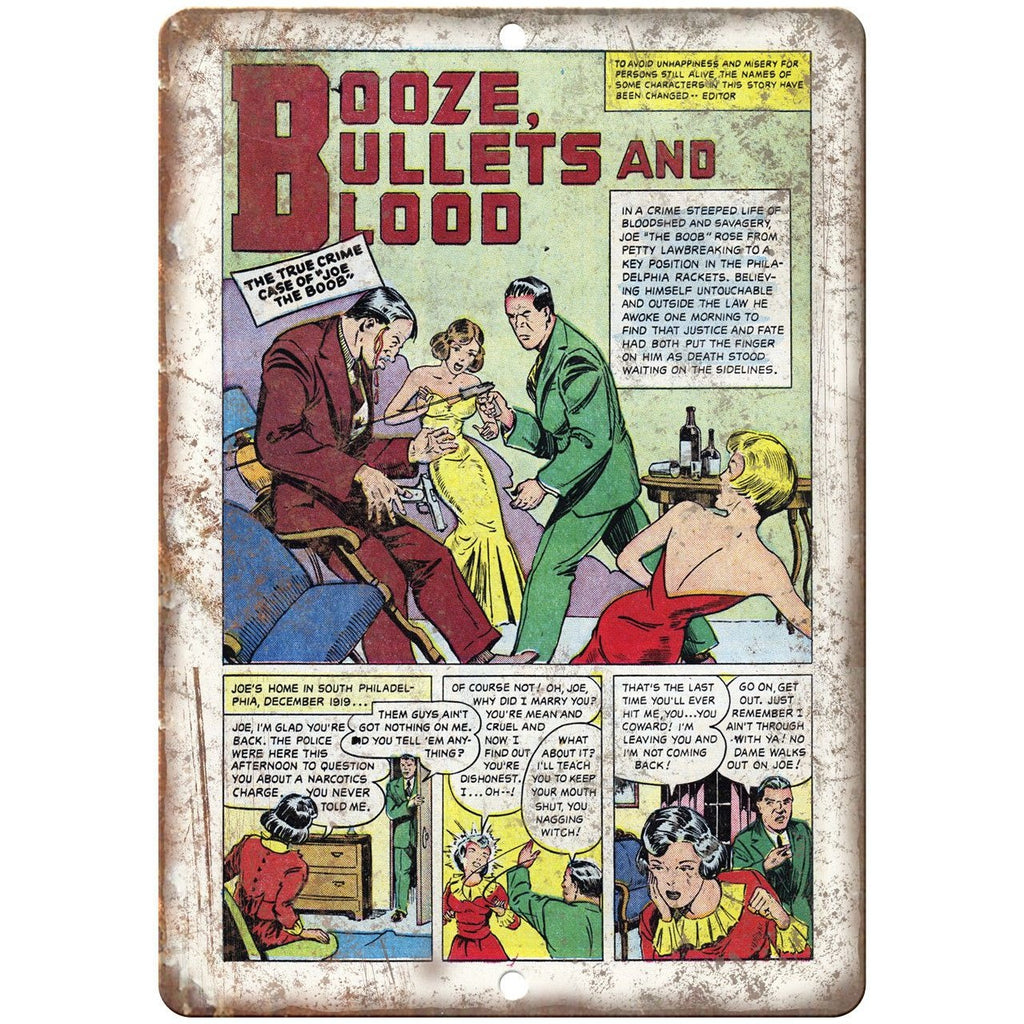 Booze Bullets and Blood Retro Comic Strip 10" X 7" Reproduction Metal Sign J343