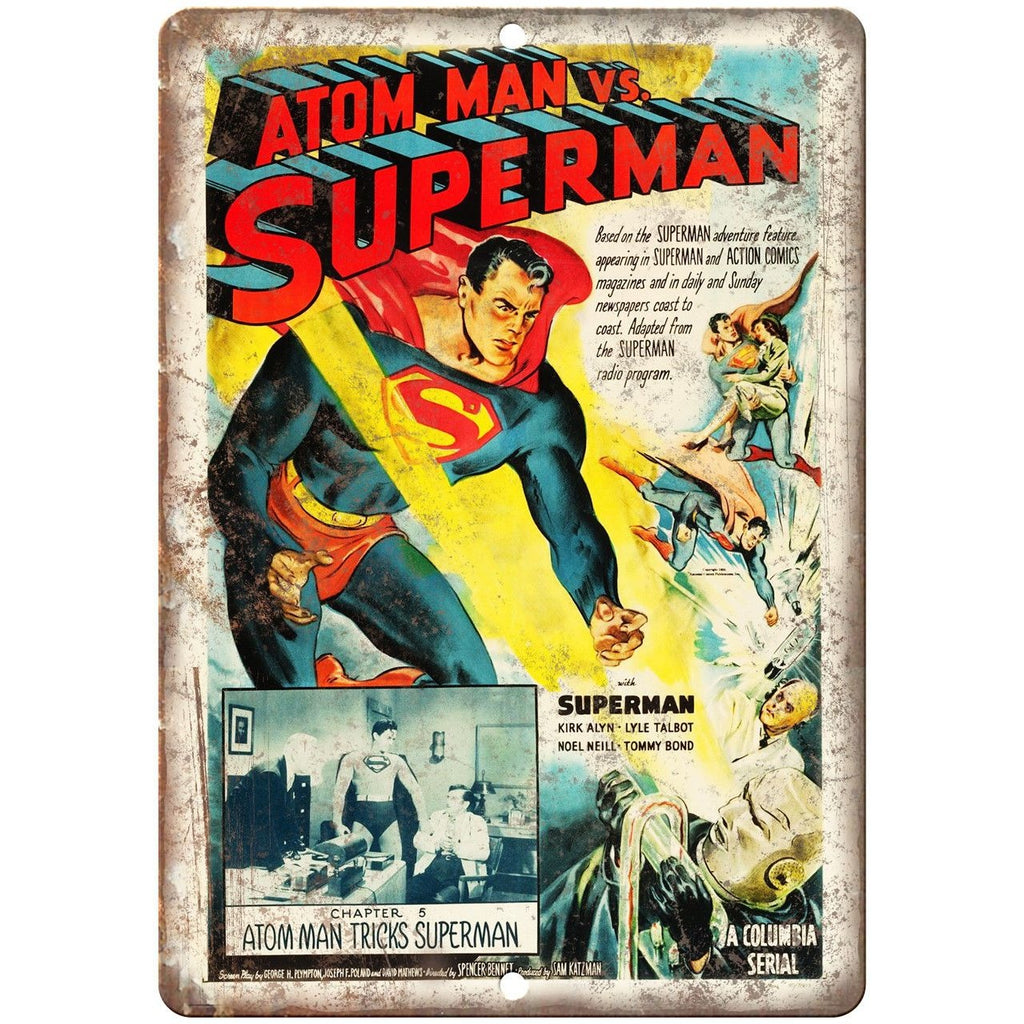 Atom Man Vs. Superman Vintage Comic 10" X 7" Reproduction Metal Sign J288