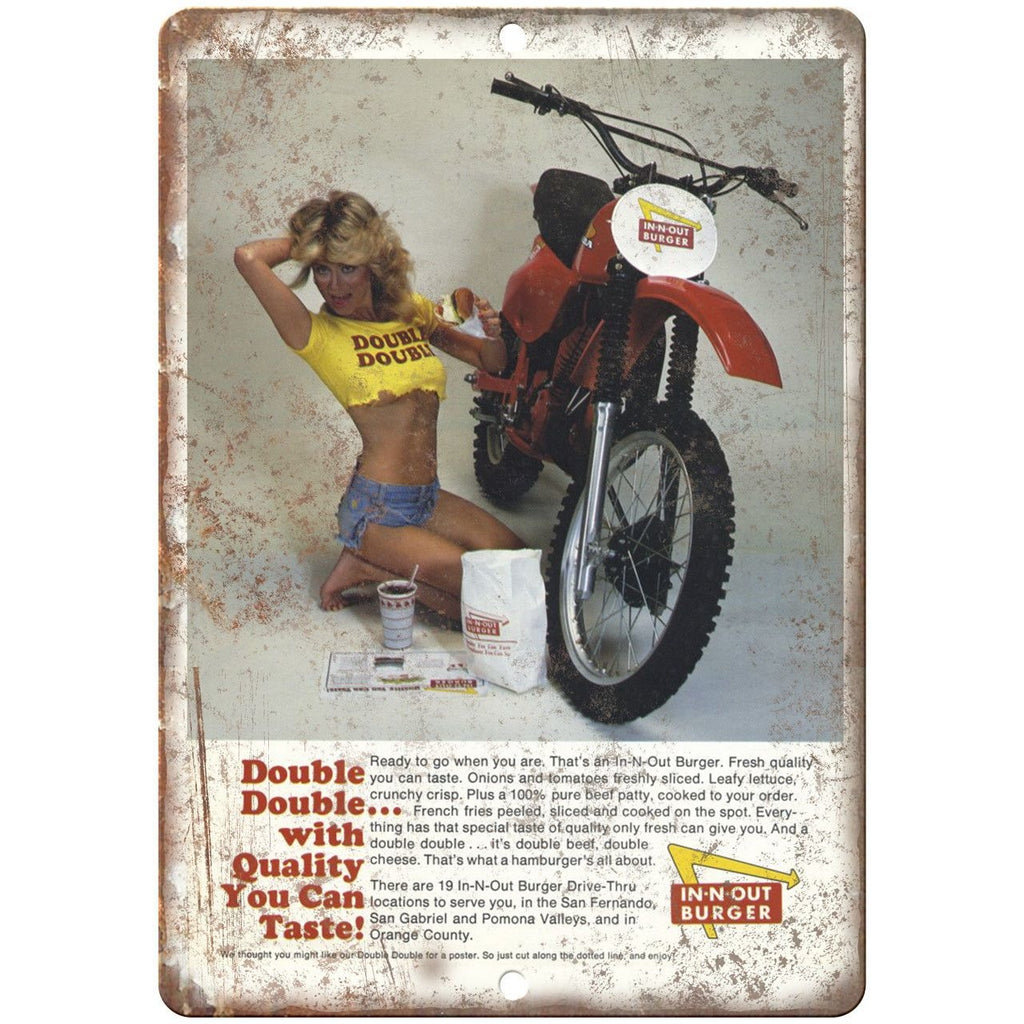 In-N-Out Burger Rare Dirt Bike Girl Food Ad 10" x 7" Reproduction Metal Sign N15