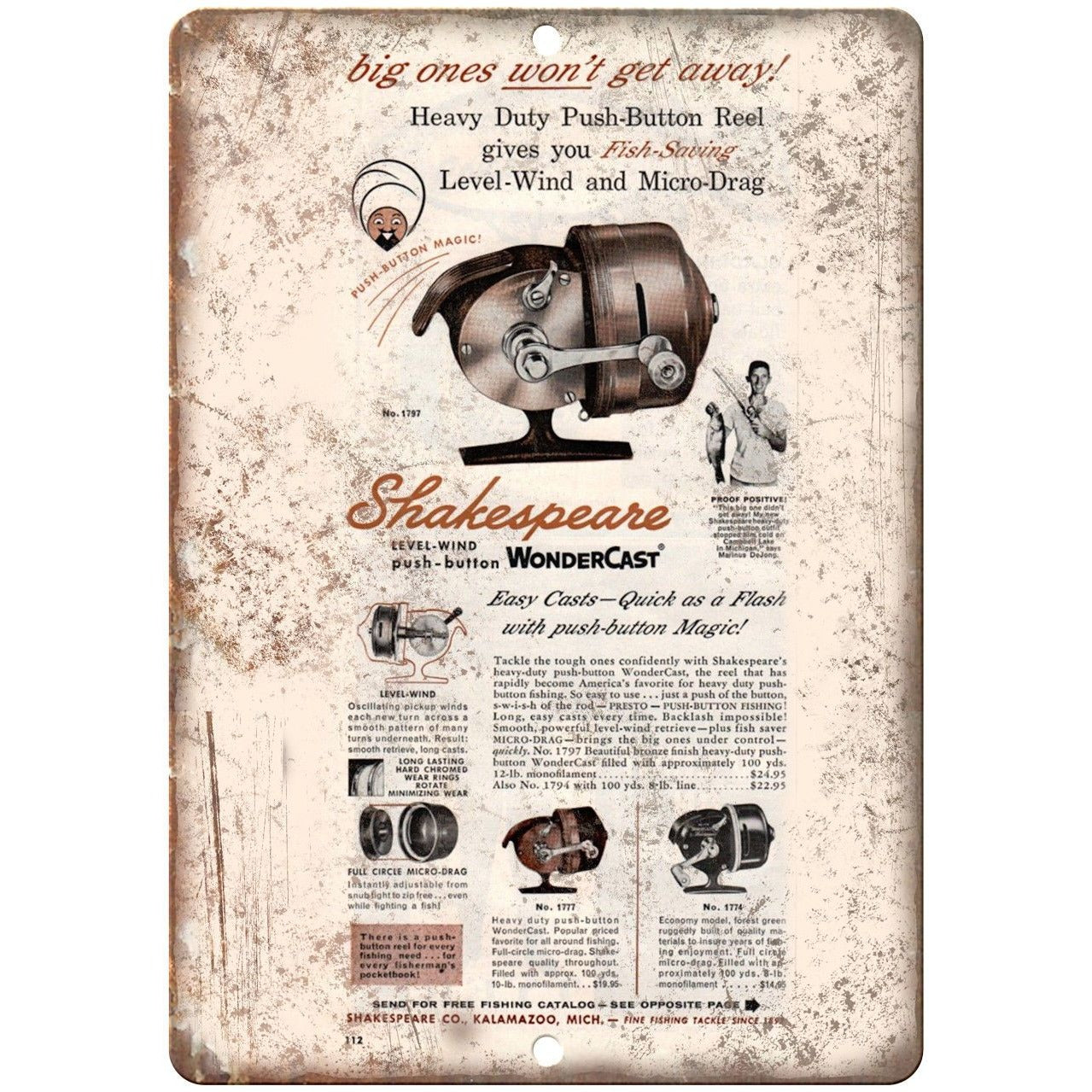 Shakespeare WonderCast Fishing Reel Ad - 10' x 7 Reproduction Metal –  Rusty Walls Sign Shop