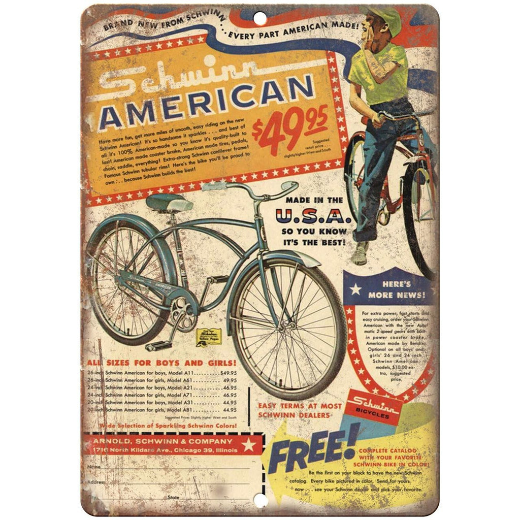 Schwinn American Vintage Bicycle Ad - 10" x 7" Retro Look Metal Sign