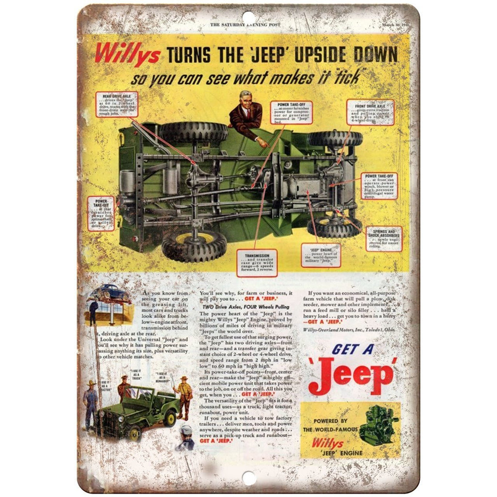 Jeep Willys Overland Retro Ad - 10" x 7" Reproduction Metal Sign