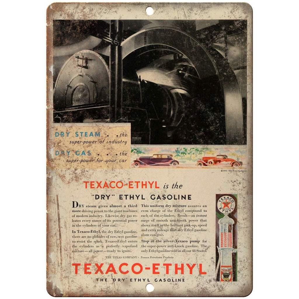 Texaco Ethyl Dry Gasoline Vintage Ad 10" X 7" Reproduction Metal Sign A918