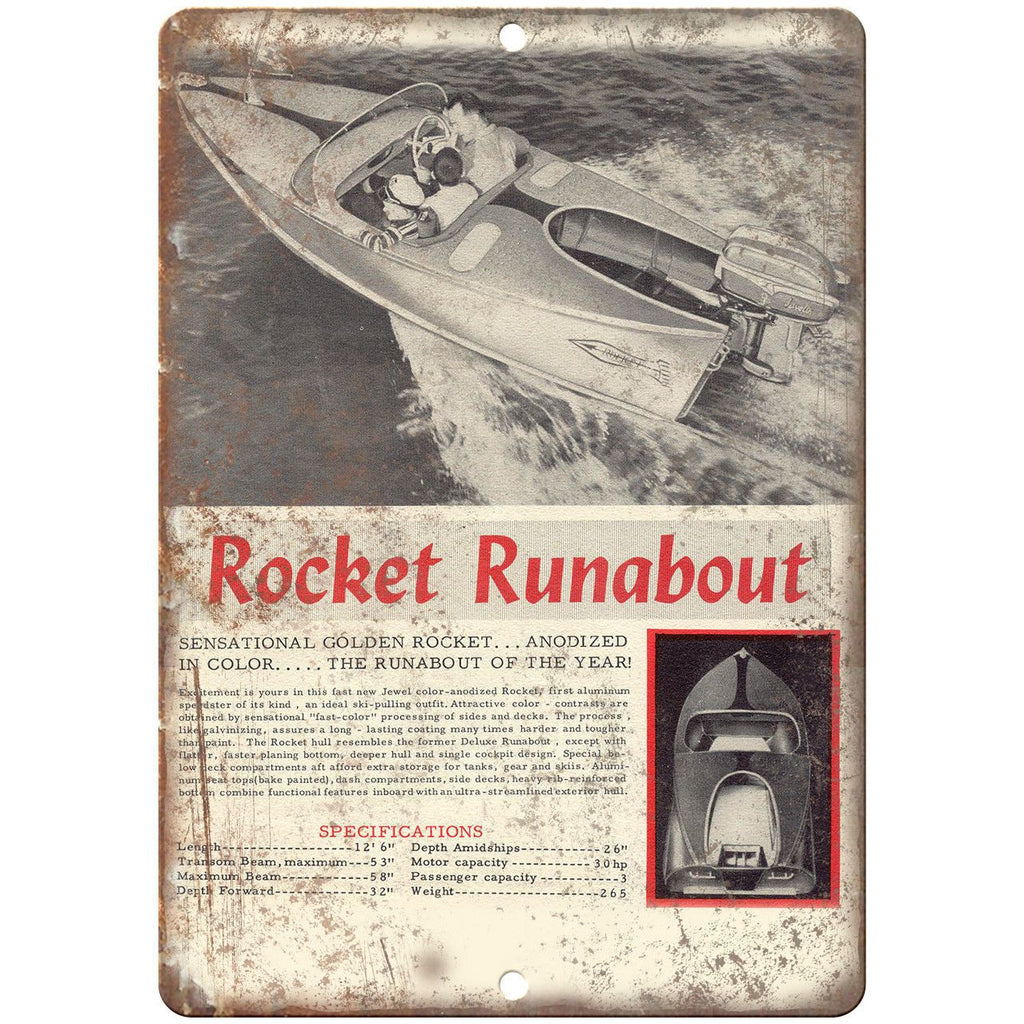 Rocket Runabout Boating Vintage Ad 10" x 7" Reproduction Metal Sign L02