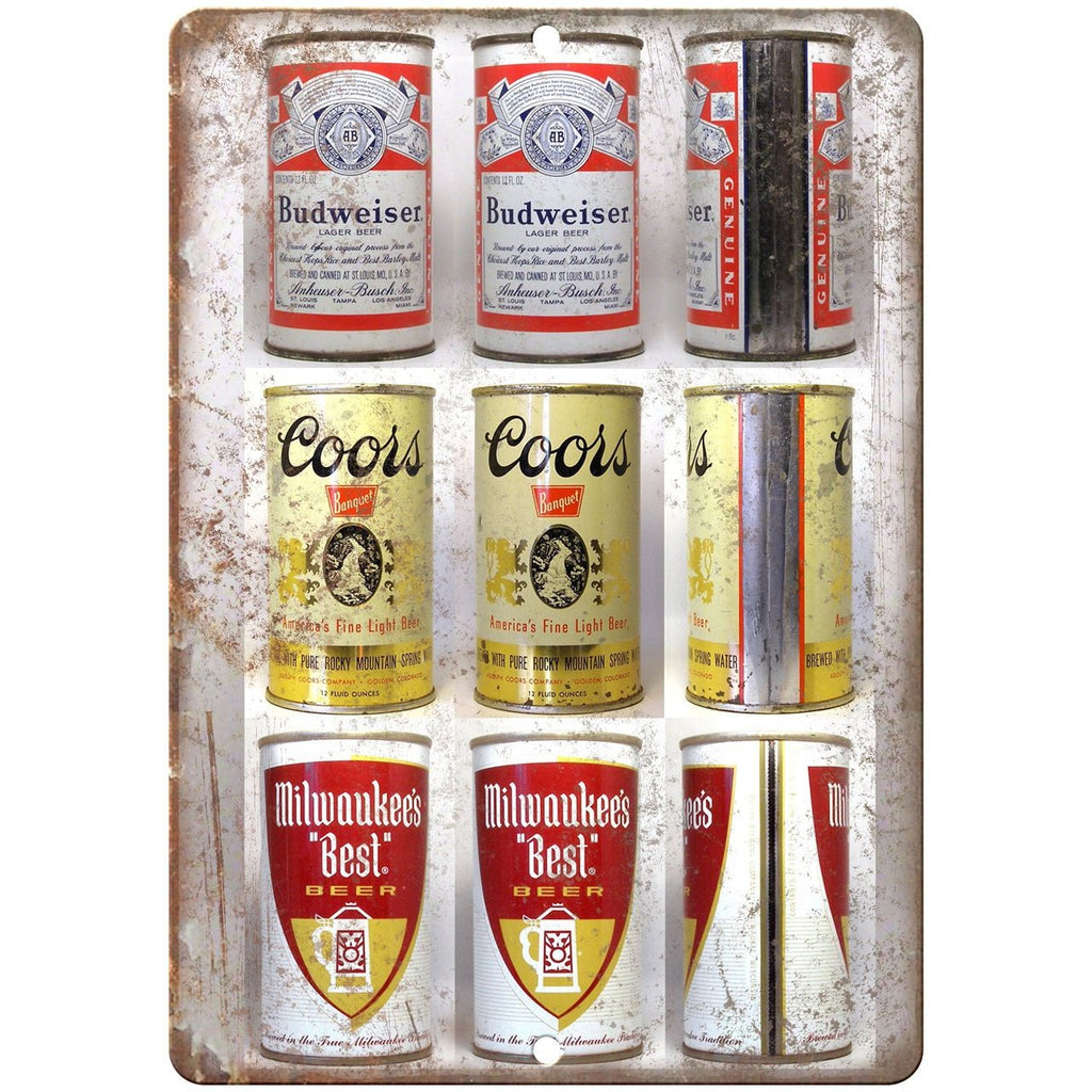 Vintage Beer Cans Budweiser, Coors, Milwaukees 10" x 7" reproduction metal sign