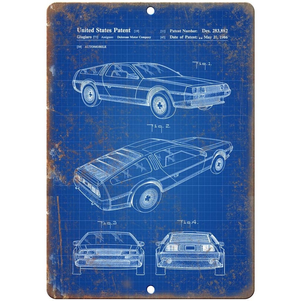 DMC DeLorean United States Patent 1986 Blue - 9" x 12" Retro Look Metal Sign