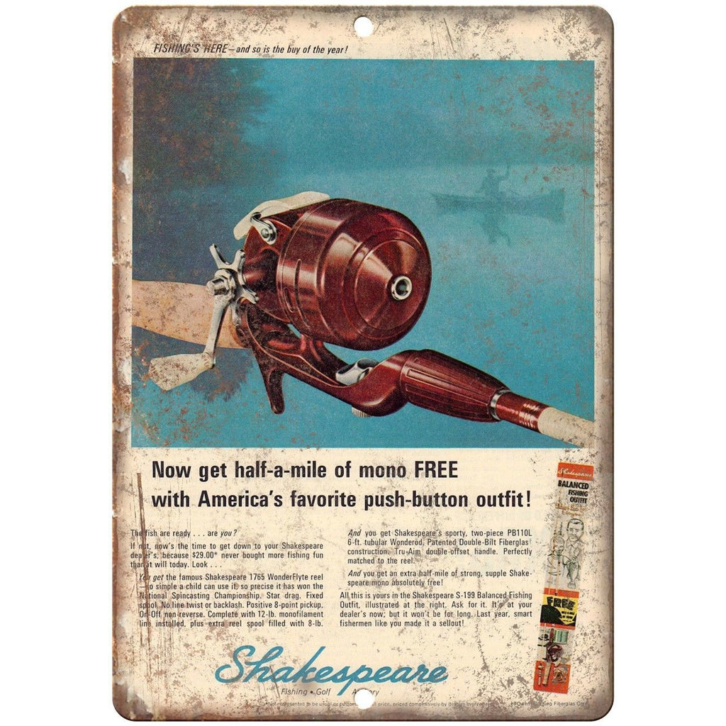 Shakespeare Mono Fishing Reel Tackle Ad - 10'" x 7" Reproduction Metal Sign