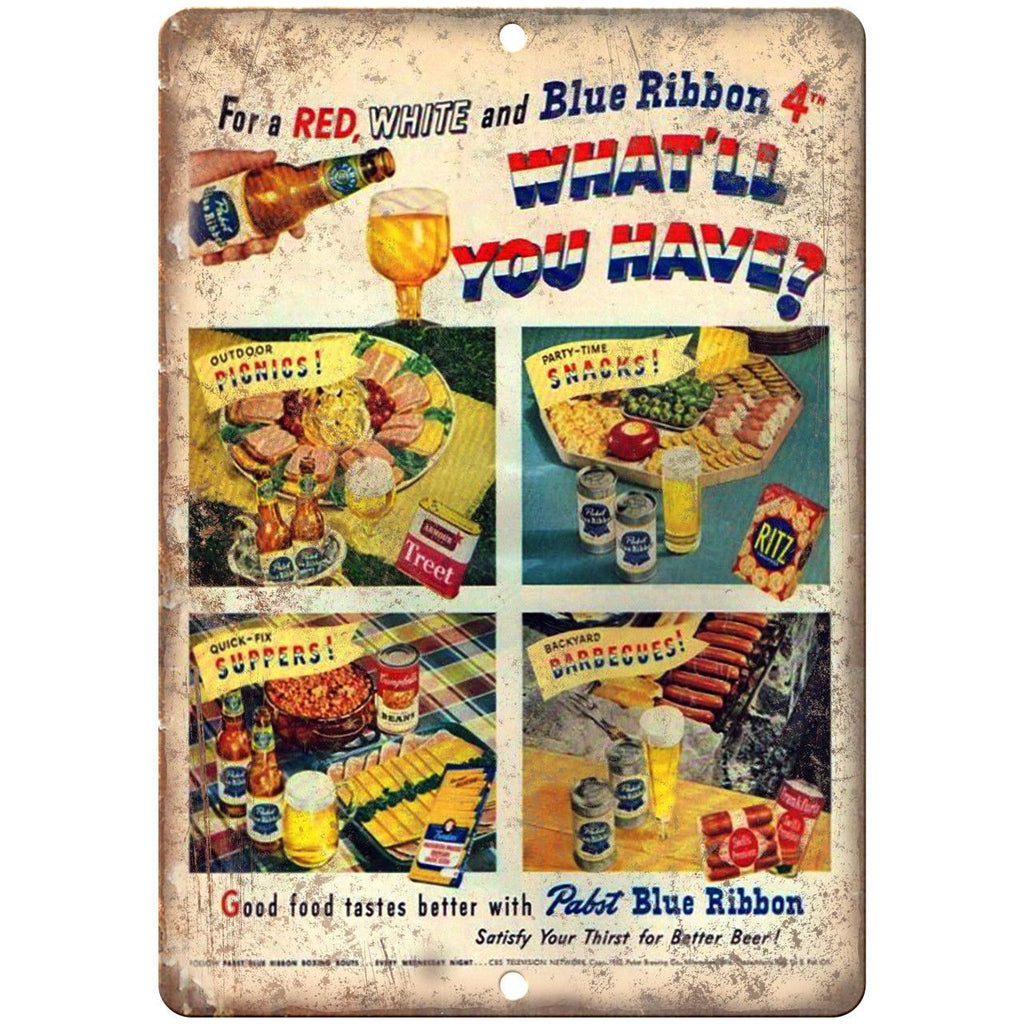 Pabst Blue Ribbon Red White Blue Beer Ad 10" x 7" Reproduction Metal Sign E366