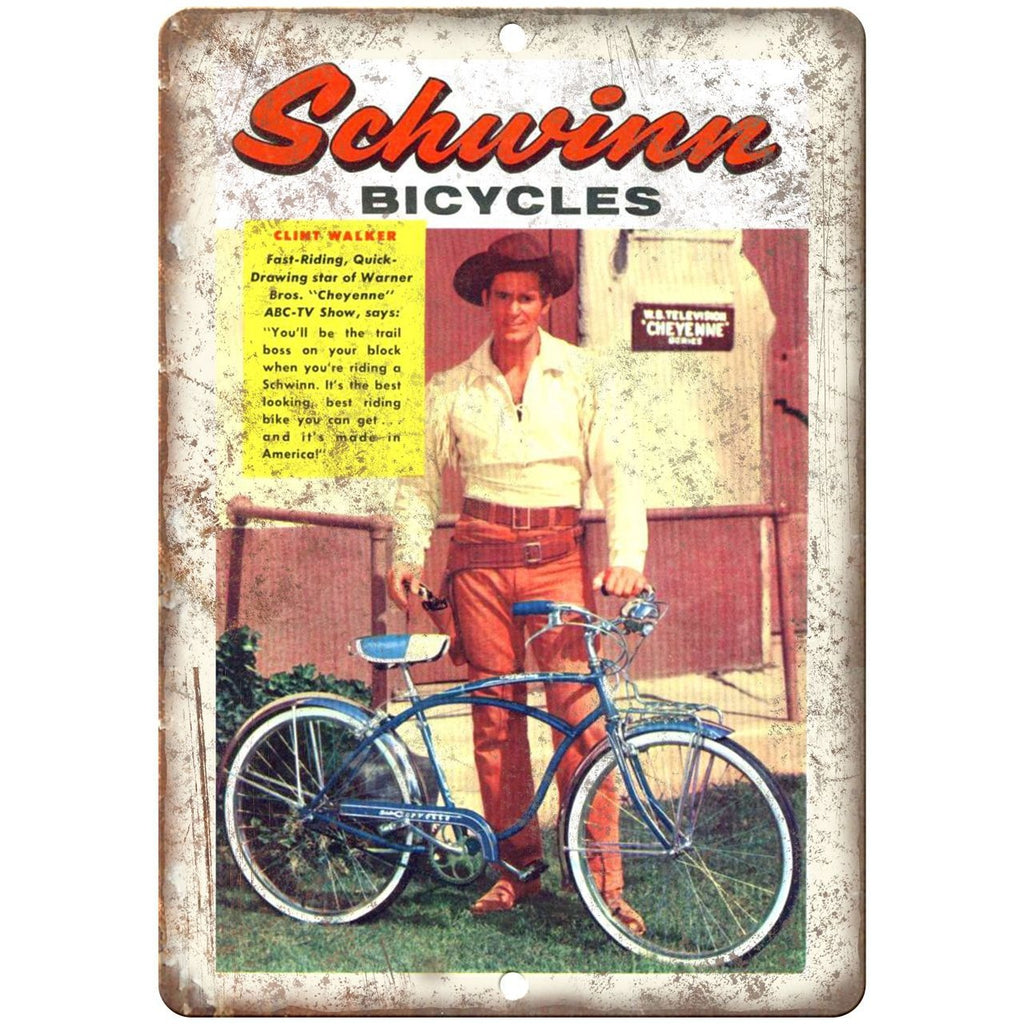 1957 - Schwinn Bicycles Clint Walker Actor Ad - 10" x 7" Retro Look Metal Sign