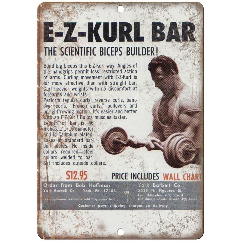 EZ Kurl Bar Biceps Builder Bob Hoffman - 10" x 7" Retro Look Metal Sign